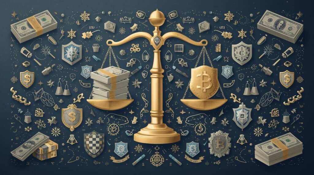 _Hình ảnh khái niệm về quản trị rủi ro trong tài chính, cân bằng quy mô với tiền và lá chắn, minh họa tài chính chuyên nghiệp, chi tiết cao_