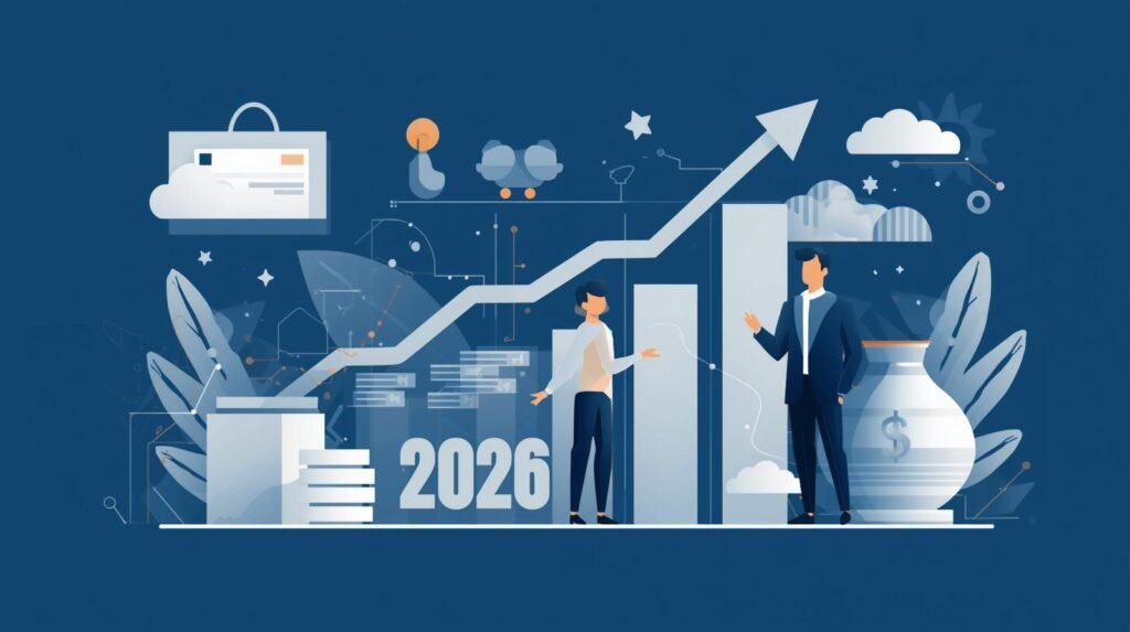 Một hình minh họa hiện đại rõ ràng thể hiện tài chính cá nhân và đầu tư vào năm 2026, bảng xếp hạng đi lên, bảng màu êm đềm, phong cách Việt Nam, tối giản, độ phân giải cao